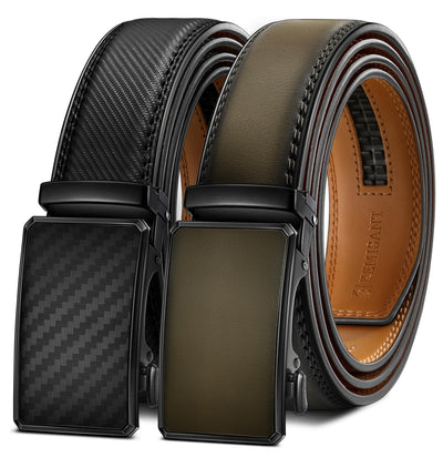 KEMISANT Men Belt 2 Pack, Leather Ratchet Belt Easy Click Slide For Men 1 3/8",Cut for Fit