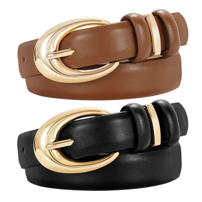 2 Pack Women Leather Belt for Jeans Pants Fashion Ladies Skinny Faux Leather Belt with Gold Buckle