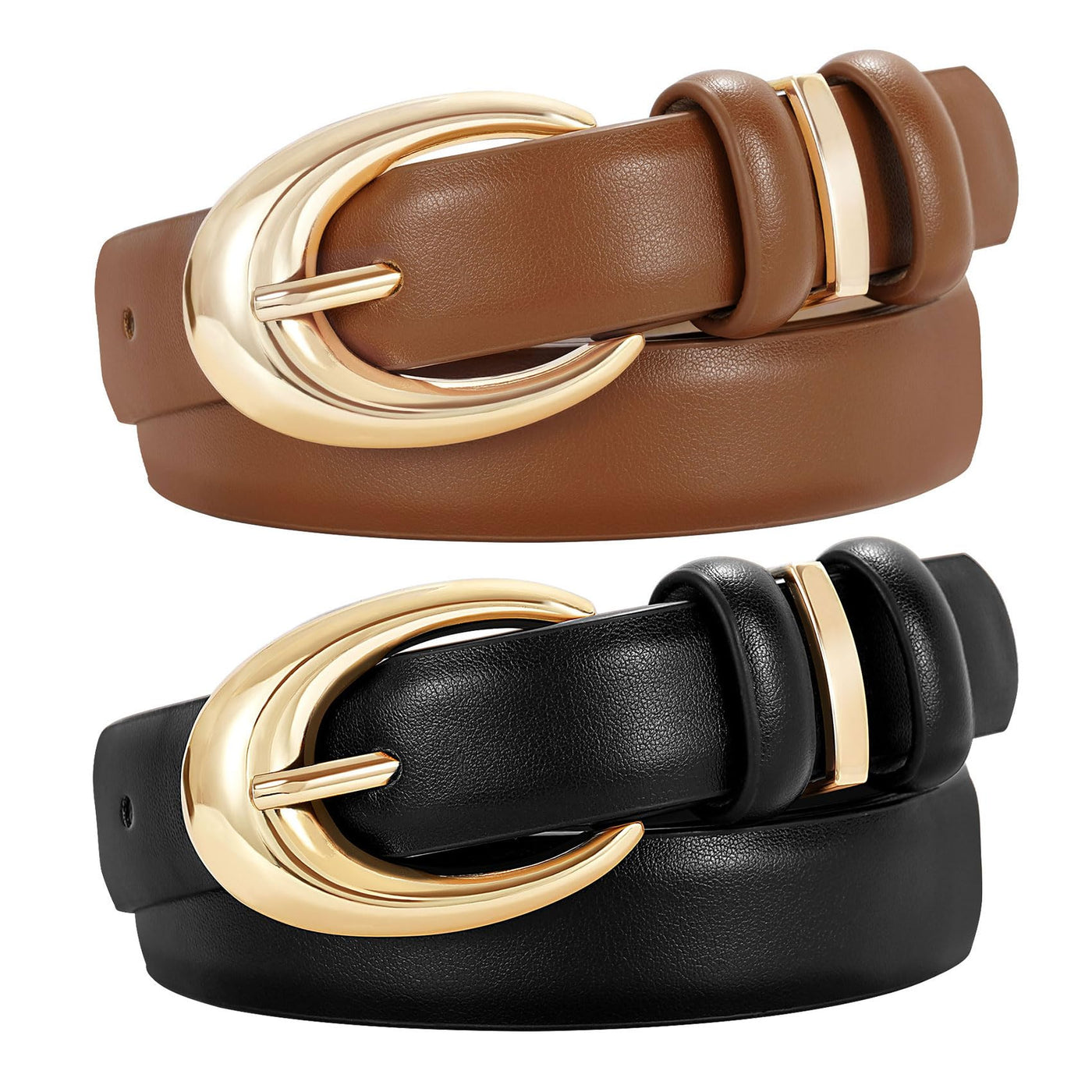 2 Pack Women Leather Belt for Jeans Pants Fashion Ladies Skinny Faux Leather Belt with Gold Buckle