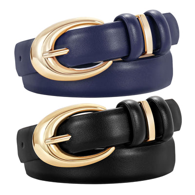 2 Pack Women Leather Belt for Jeans Pants Fashion Ladies Skinny Faux Leather Belt with Gold Buckle
