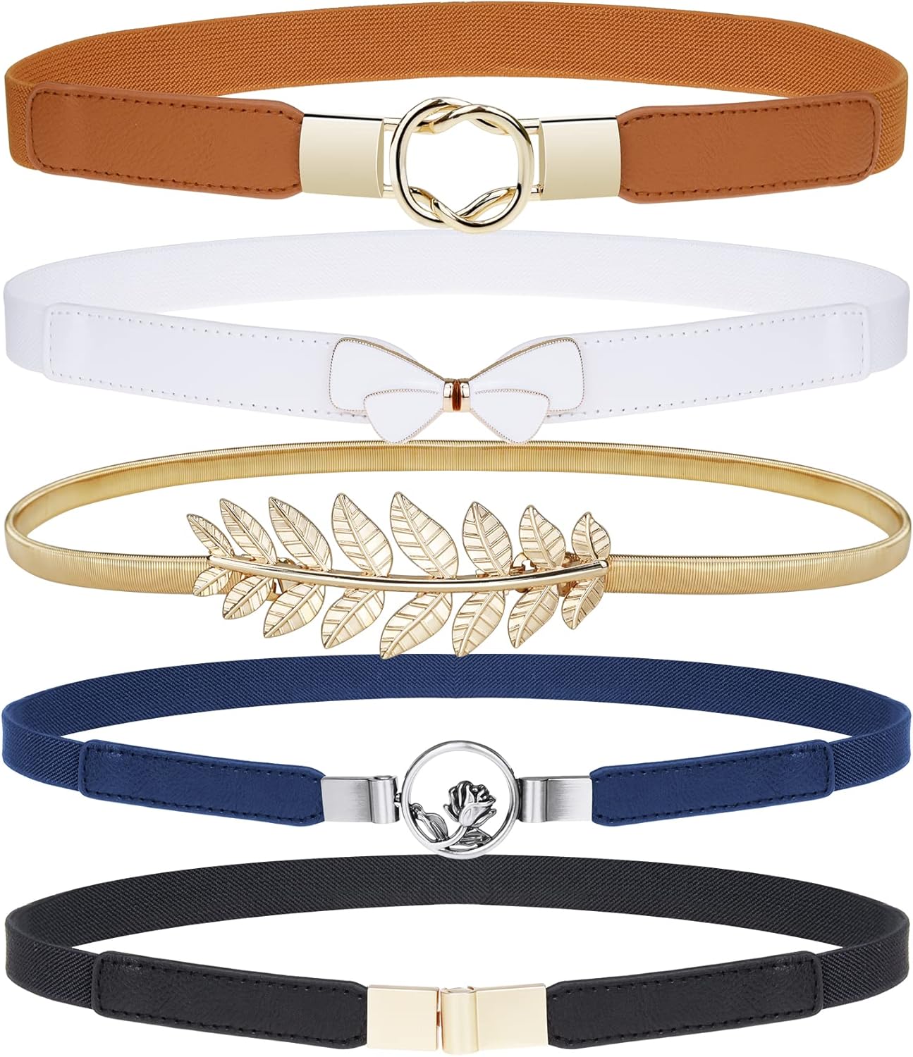EAONE Skinny Belts for Women 5 Pack, Fashion Dress Belts Stretch Women Waist Belts Plus Size Elastic Waist Band for Dresses