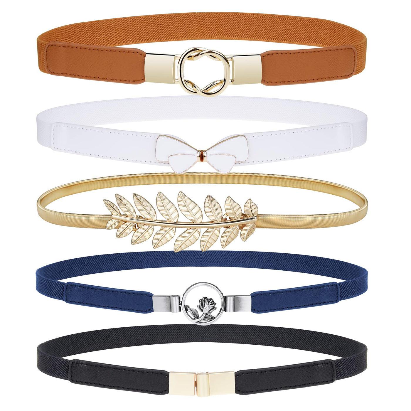 EAONE Skinny Belts for Women 5 Pack, Fashion Dress Belts Stretch Women Waist Belts Plus Size Elastic Waist Band for Dresses