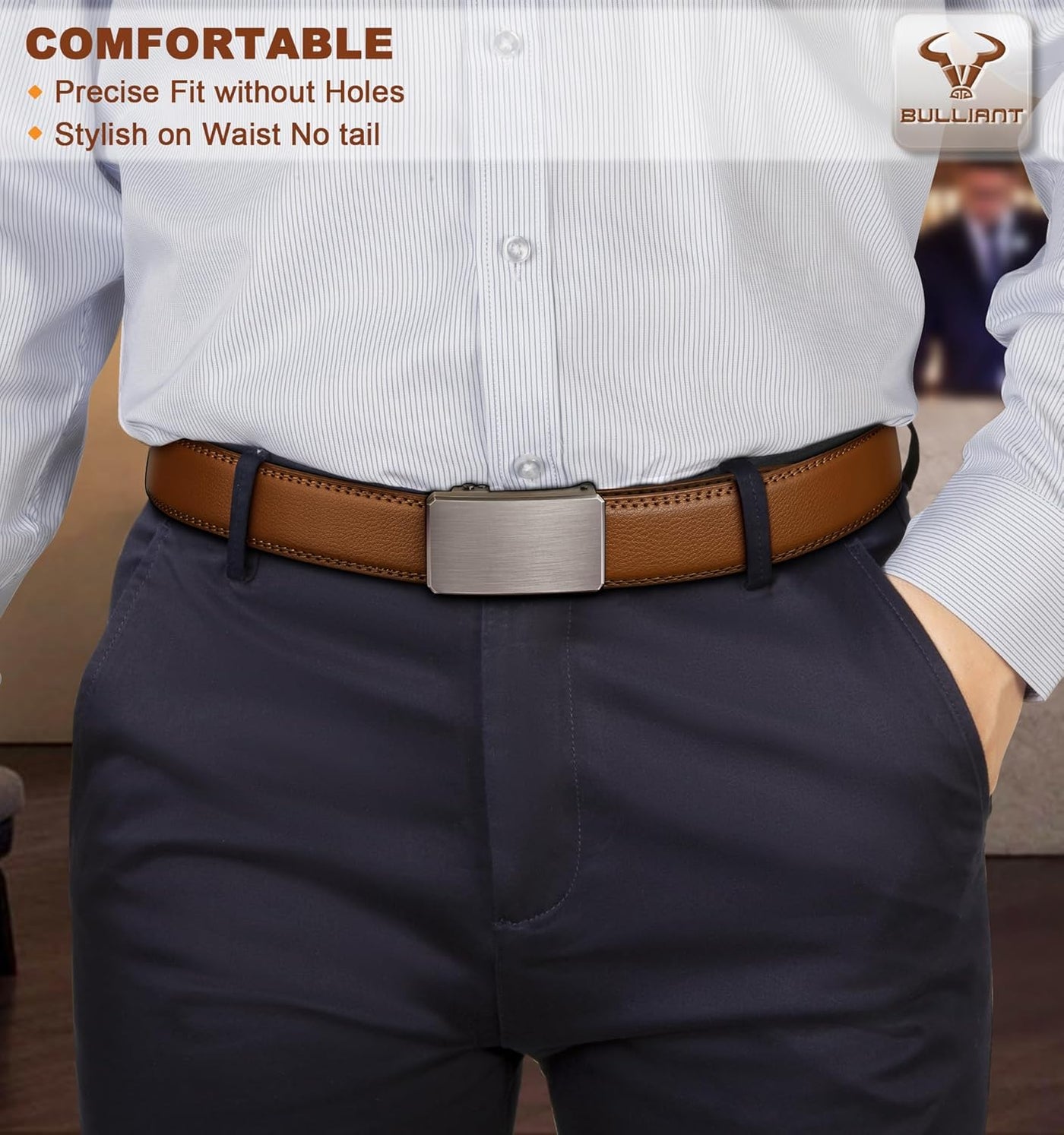 BULLIANT Men Belt 2Pack,Ratchet Click Adjustable Belt Genuine Leather For Gift Men Dress Casual Tailless Design-Cut For Fit