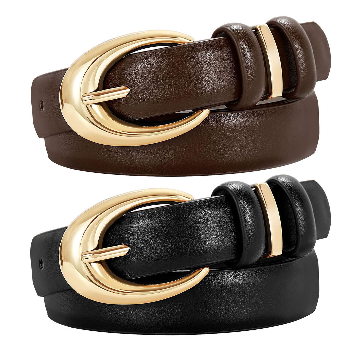 2 Pack Women Leather Belt for Jeans Pants Fashion Ladies Skinny Faux Leather Belt with Gold Buckle