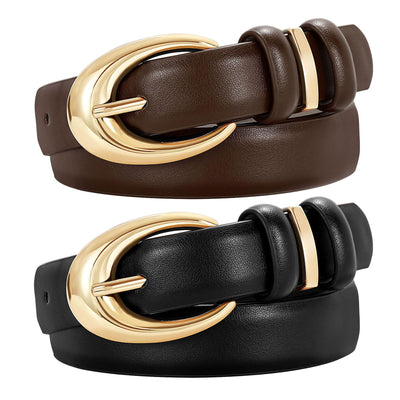 2 Pack Women Leather Belt for Jeans Pants Fashion Ladies Skinny Faux Leather Belt with Gold Buckle