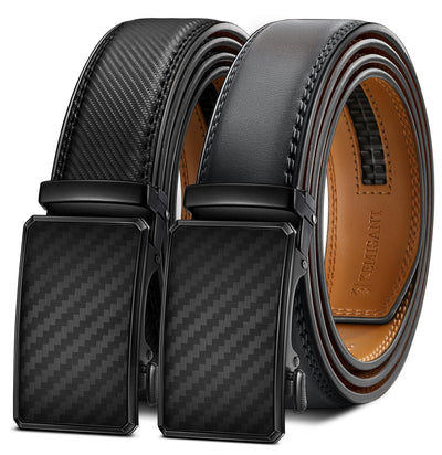 KEMISANT Men Belt 2 Pack, Leather Ratchet Belt Easy Click Slide For Men 1 3/8",Cut for Fit