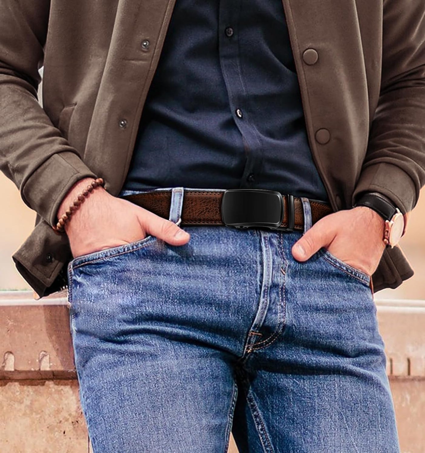 KEMISANT Ratchet Belt For Men 2 Pack,Slide Leather Belt Adjustable For Gift Men Dress Casual Pants Jeans-Cut For Fit
