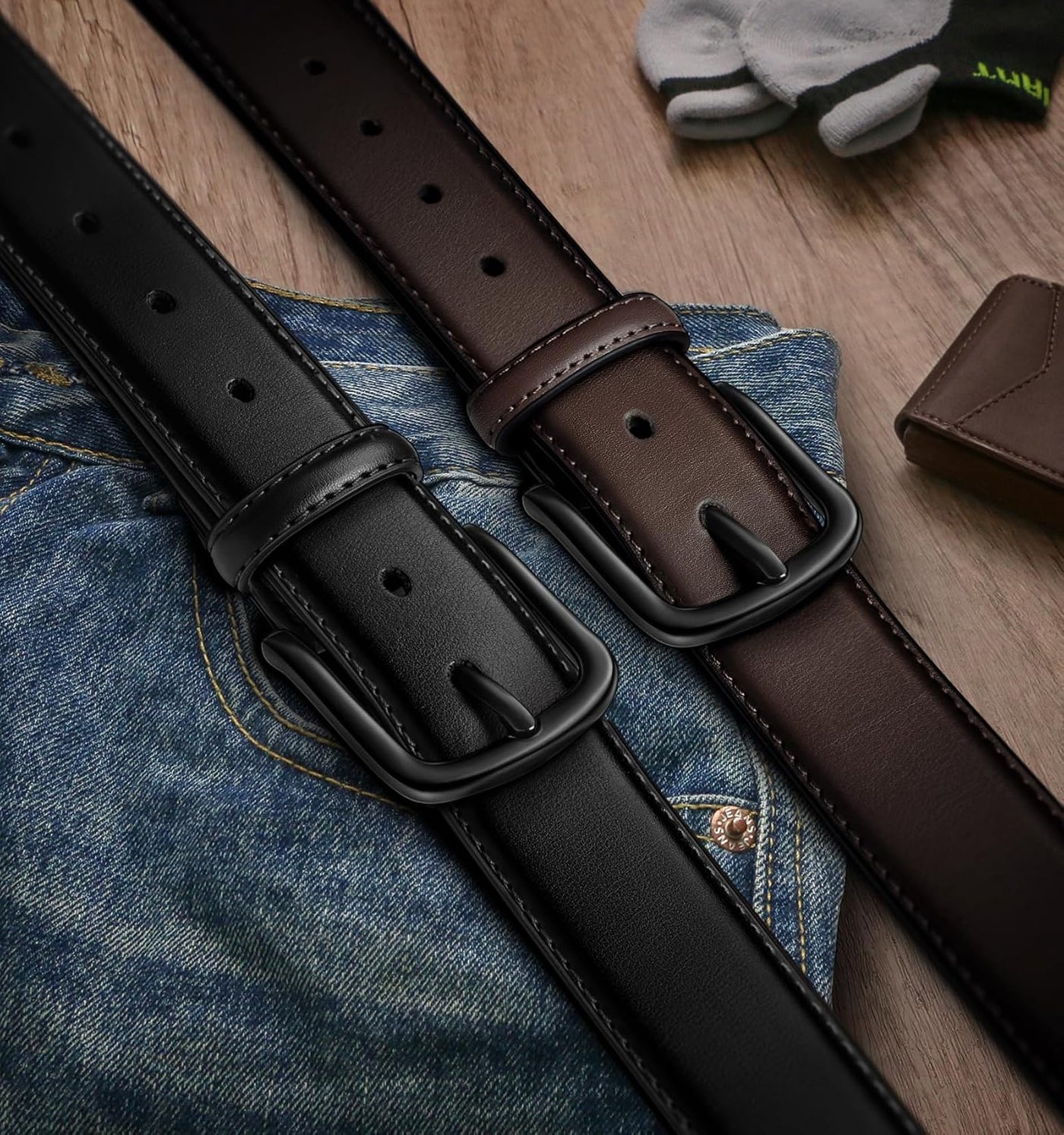 BULLIANT Men Belt 2 Pack,Leather Belt For Gift Men Golf Dress Casual Jean 7Holes 1 3/8"