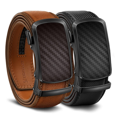 KEMISANT Ratchet Belt For Men 2 Pack,Slide Leather Belt Adjustable For Gift Men Dress Casual Pants Jeans-Cut For Fit