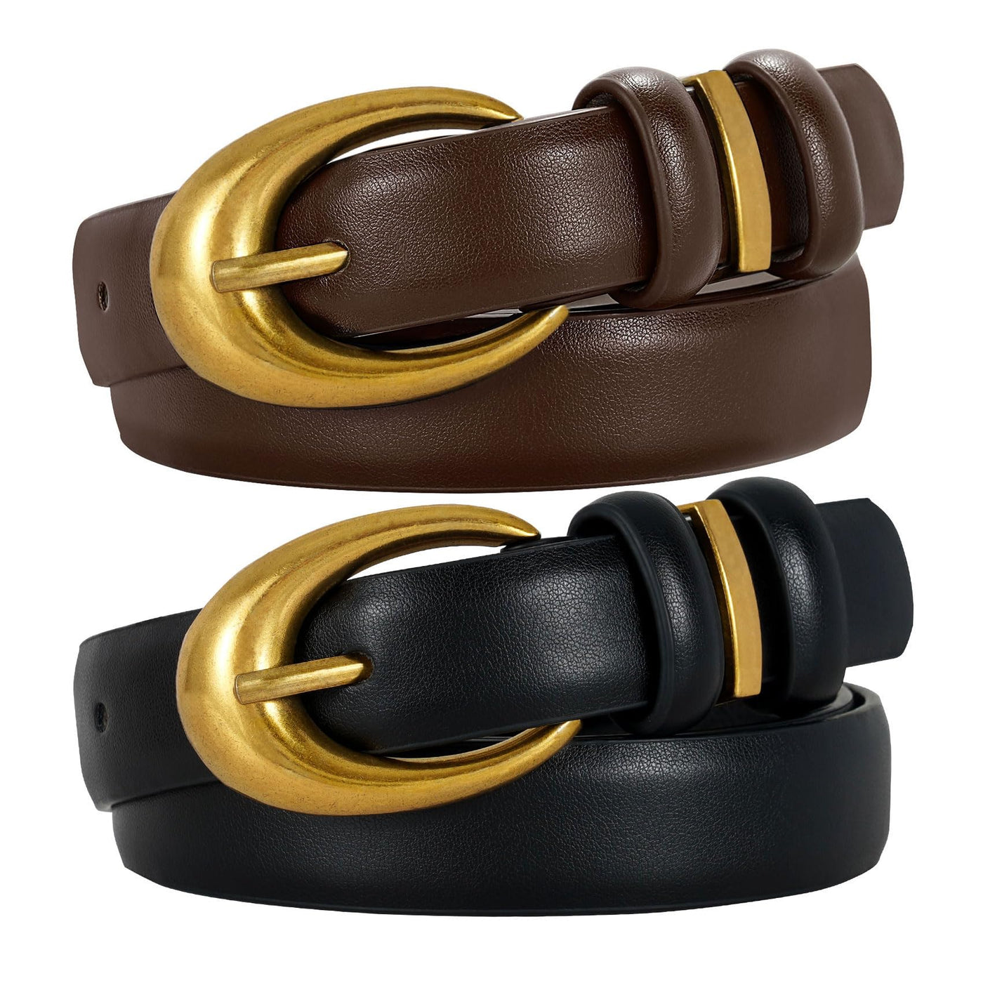2 Pack Women Leather Belt for Jeans Pants Fashion Ladies Skinny Faux Leather Belt with Gold Buckle