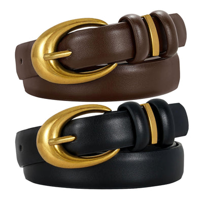 2 Pack Women Leather Belt for Jeans Pants Fashion Ladies Skinny Faux Leather Belt with Gold Buckle