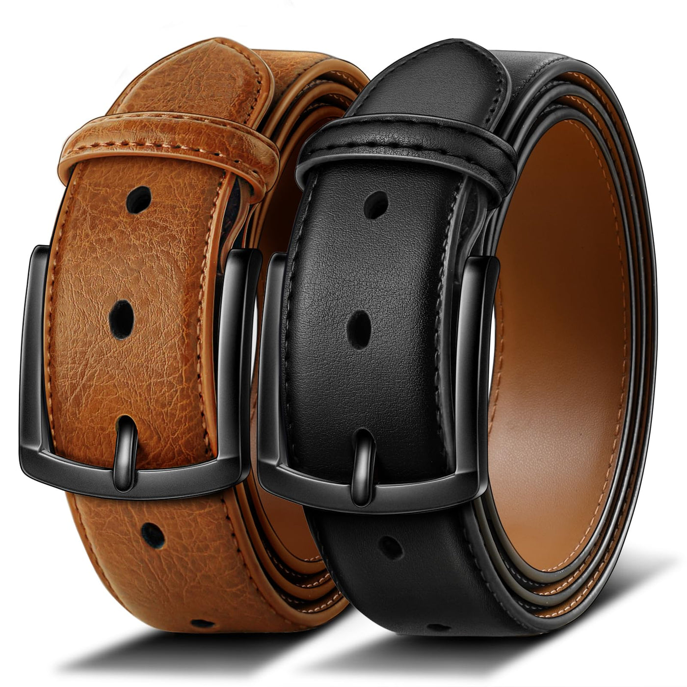 BULLIANT Men Belt 2Pack-Leather Belt 7Holes Comfortable For Men's Dress Casual Jeans 1 3/8"