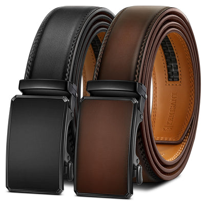 KEMISANT Men Belt 2 Pack, Leather Ratchet Belt Easy Click Slide For Men 1 3/8",Cut for Fit
