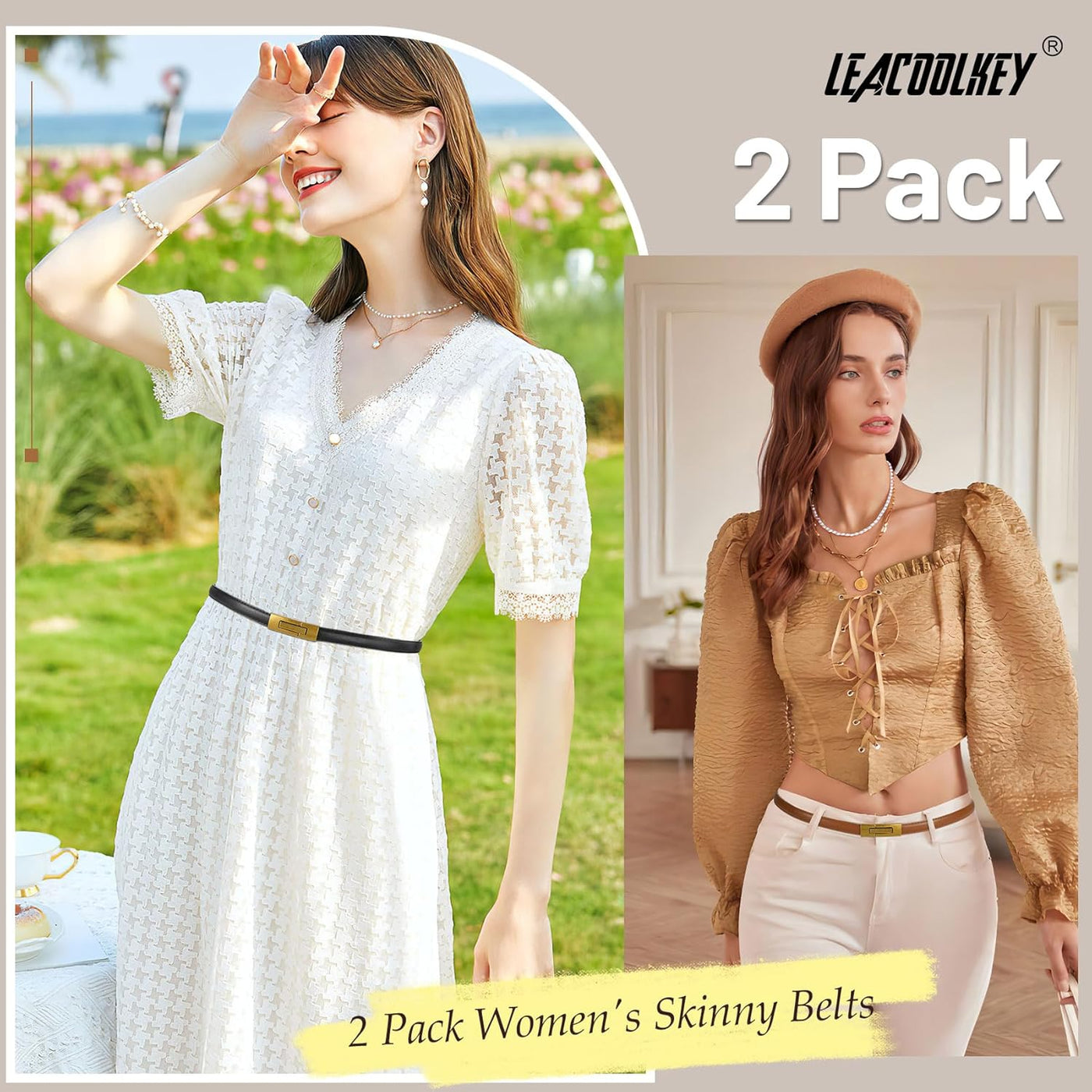 LEACOOLKEY Women Skinny Leather Belts Ladies Thin Waist Belts with Alloy Buckle for Dresses