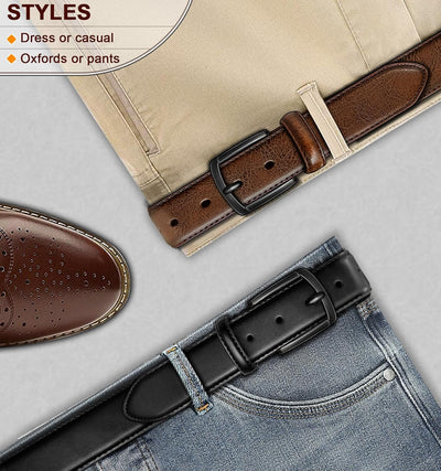 BULLIANT Men Belt 2Pack-Leather Belt 7Holes Comfortable For Men's Dress Casual Jeans 1 3/8"