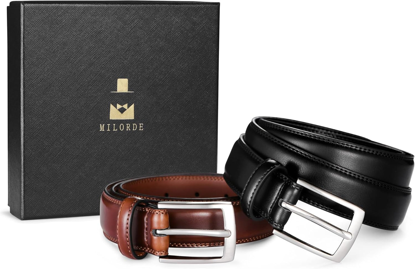 MILORDE Men's Leather Dress Belt 2Pack, Handmade, Genuine Leather, Fashion & Classic Designs for Work Business and Casual
