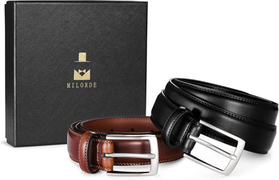 MILORDE Men's Leather Dress Belt 2Pack, Handmade, Genuine Leather, Fashion & Classic Designs for Work Business and Casual