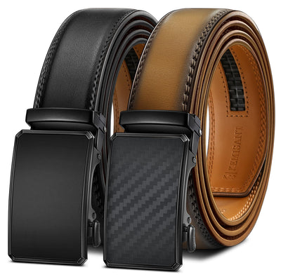 KEMISANT Men Belt 2 Pack, Leather Ratchet Belt Easy Click Slide For Men 1 3/8",Cut for Fit