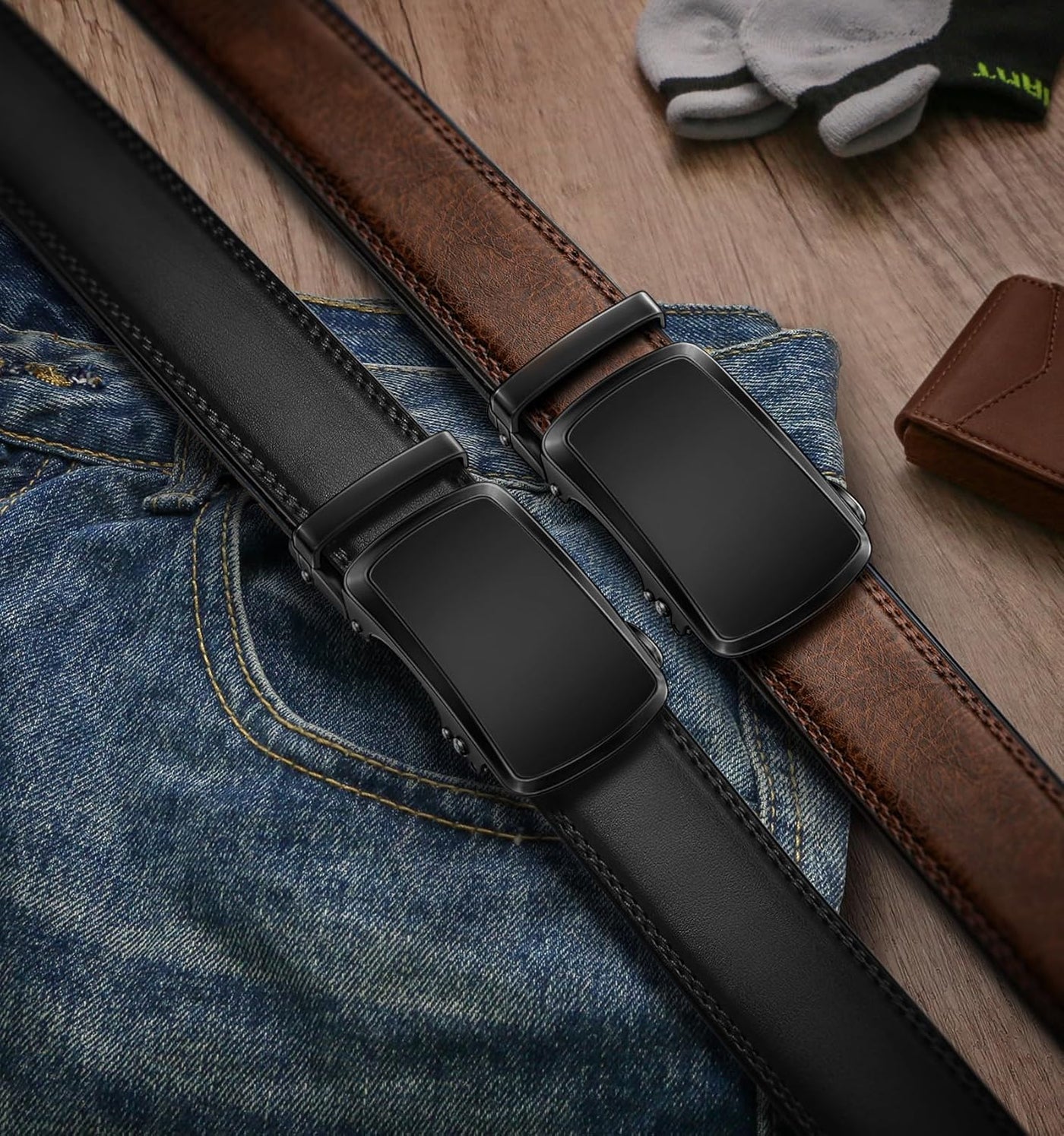 KEMISANT Ratchet Belt For Men 2 Pack,Slide Leather Belt Adjustable For Gift Men Dress Casual Pants Jeans-Cut For Fit