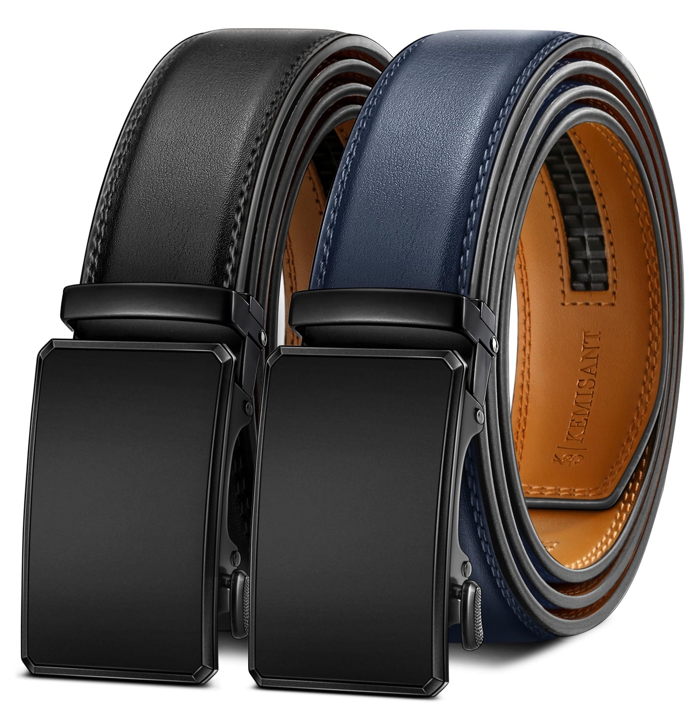 KEMISANT Men Belt 2 Pack, Leather Ratchet Belt Easy Click Slide For Men 1 3/8",Cut for Fit