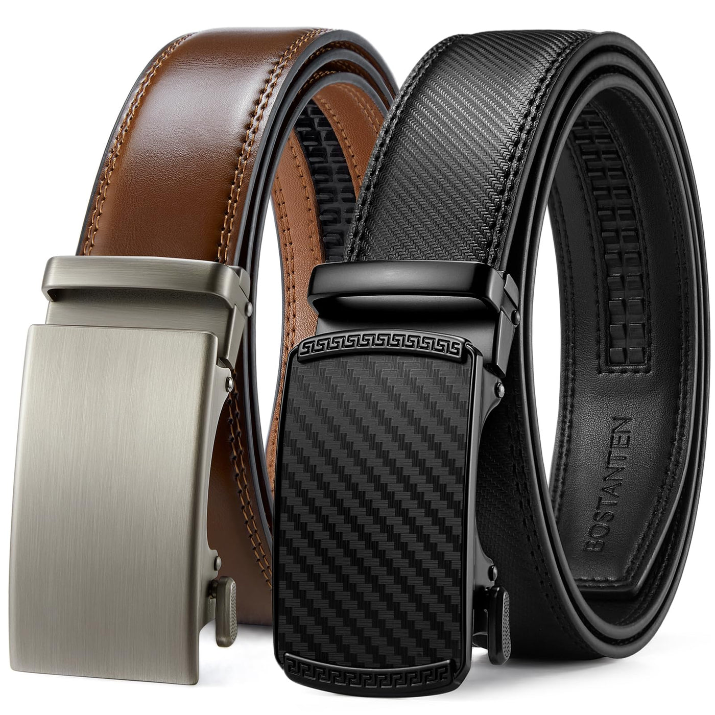 BOSTANTEN Ratchet Leather Belt For Men 2 Pack Dress and Casual with Adjustable Buckle, Trim to Fit