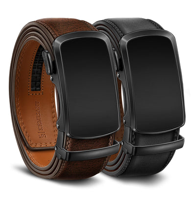 KEMISANT Ratchet Belt For Men 2 Pack,Slide Leather Belt Adjustable For Gift Men Dress Casual Pants Jeans-Cut For Fit
