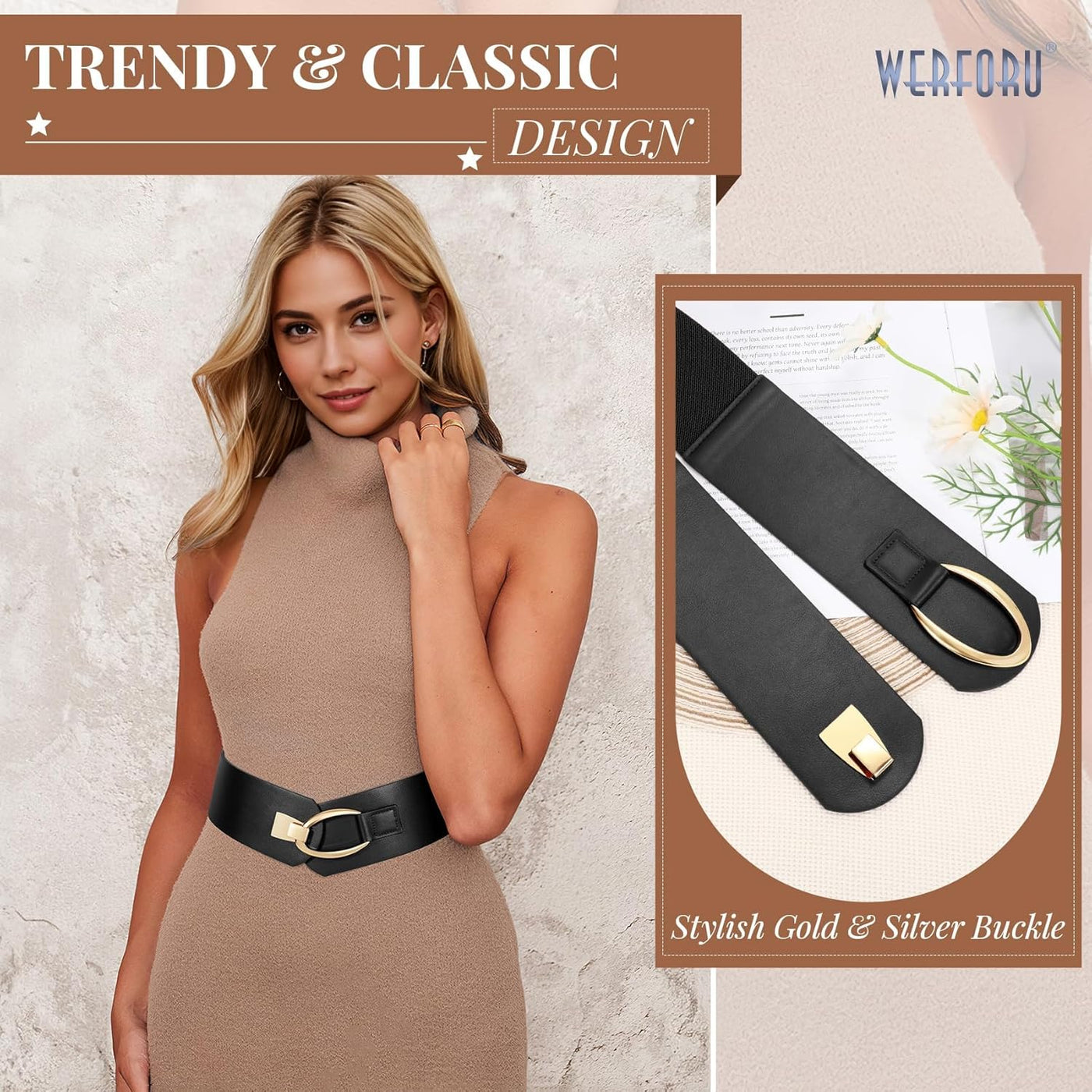 WERFORU Women Wide Elastic Belt Women Fashion Wide Belt with Gold Buckle Ladie Thick Waistbelt for Dresses