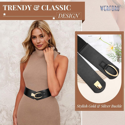 WERFORU Women Wide Elastic Belt Women Fashion Wide Belt with Gold Buckle Ladie Thick Waistbelt for Dresses