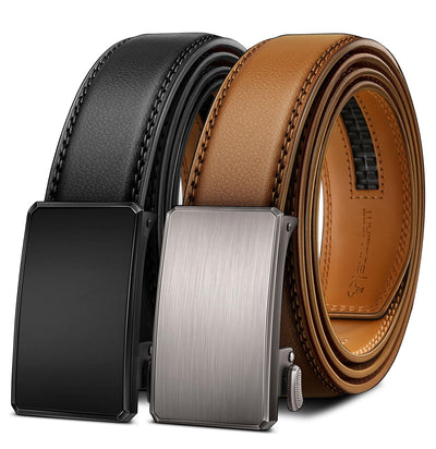 BULLIANT Men Belt 2Pack,Ratchet Click Adjustable Belt Genuine Leather For Gift Men Dress Casual Tailless Design-Cut For Fit