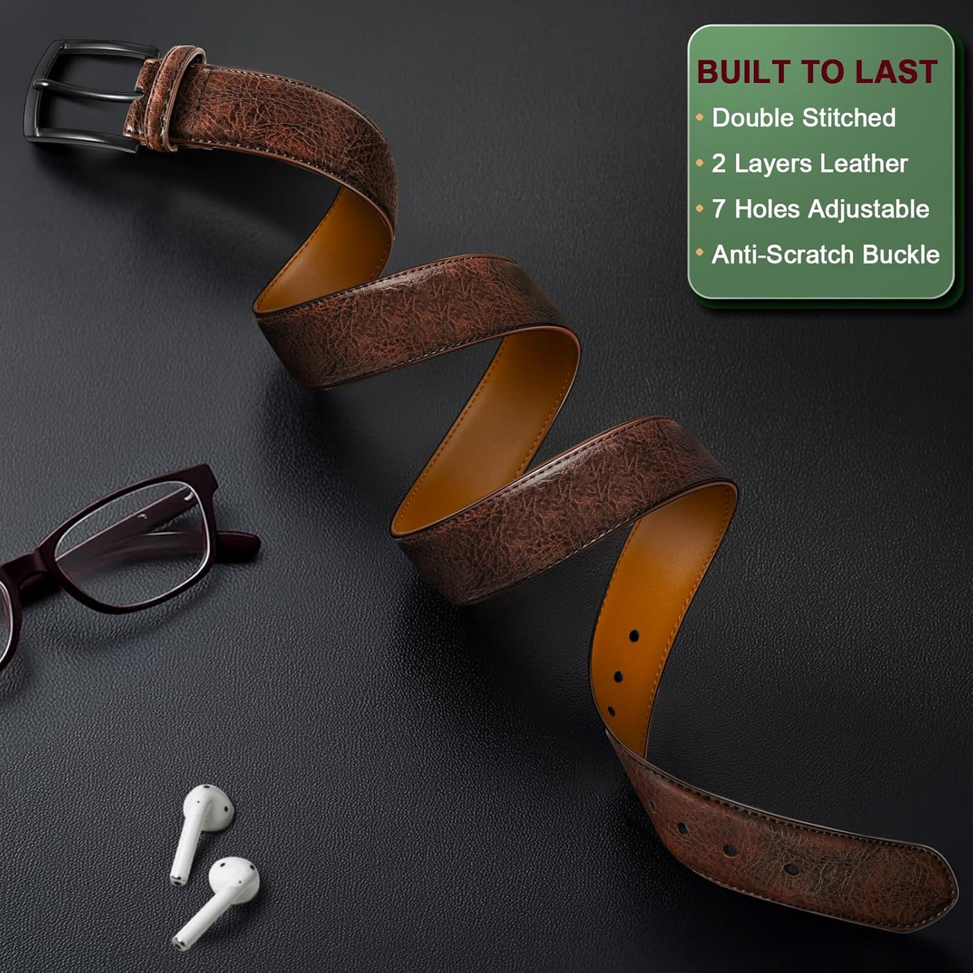 BULLIANT Men Belt 2Pack-Leather Belt 7Holes Comfortable For Men's Dress Casual Jeans 1 3/8"