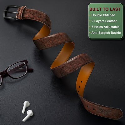 BULLIANT Men Belt 2Pack-Leather Belt 7Holes Comfortable For Men's Dress Casual Jeans 1 3/8"