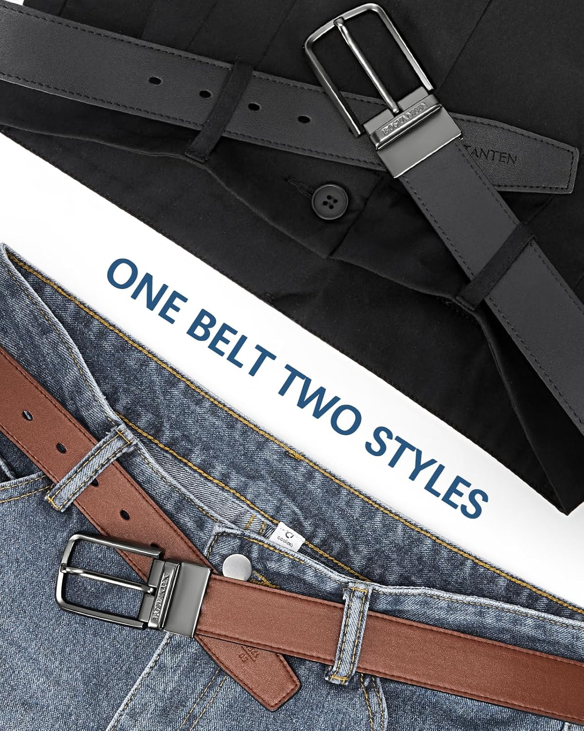 BOSTANTEN Belt Men Leather Reversible Belts for Men 1 3/8" for Casual Golf Dress Pants, Two-in-One Belt Gift
