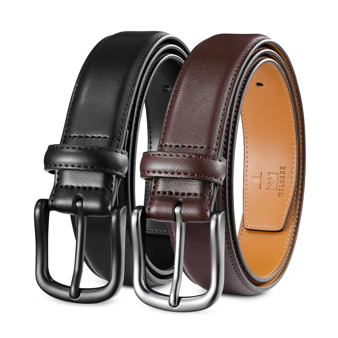 MILORDE Men's Leather Dress Belt 2Pack, Handmade, Genuine Leather, Fashion & Classic Designs for Work Business and Casual
