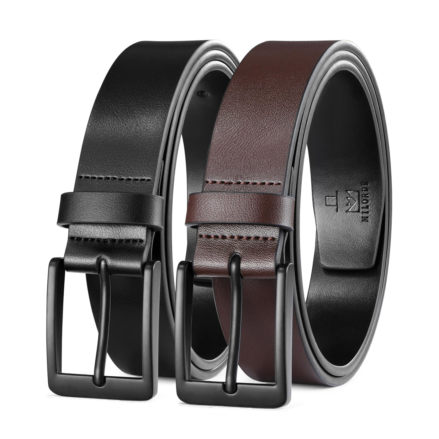 MILORDE Men's Leather Dress Belt 2Pack, Handmade, Genuine Leather, Fashion & Classic Designs for Work Business and Casual