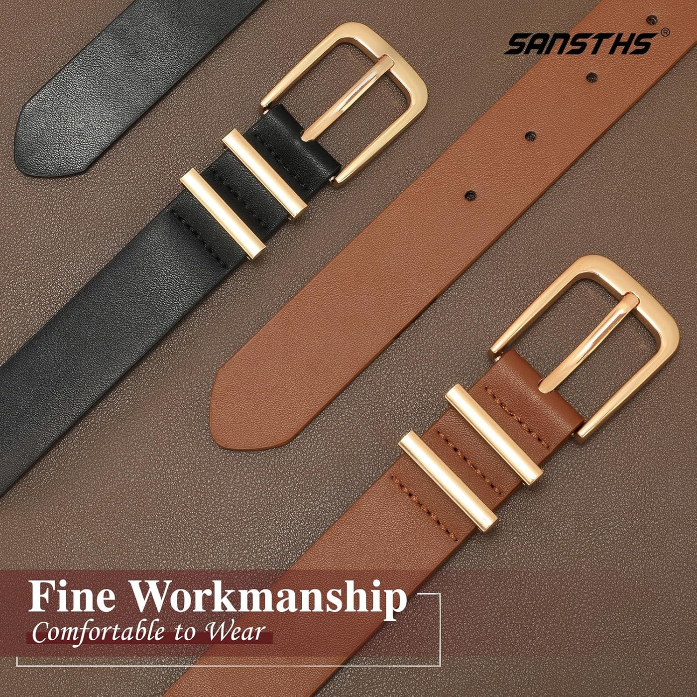 SANSTHS 2 Pack Women Belt for Jeans Pants, Simple Fashion Ladies Waist Belt with Gold Buckle, 1inch Width