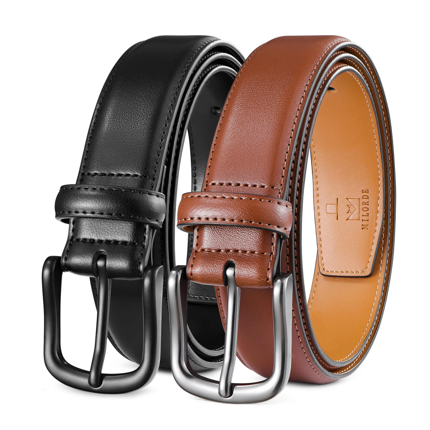 MILORDE Men's Leather Dress Belt 2Pack, Handmade, Genuine Leather, Fashion & Classic Designs for Work Business and Casual